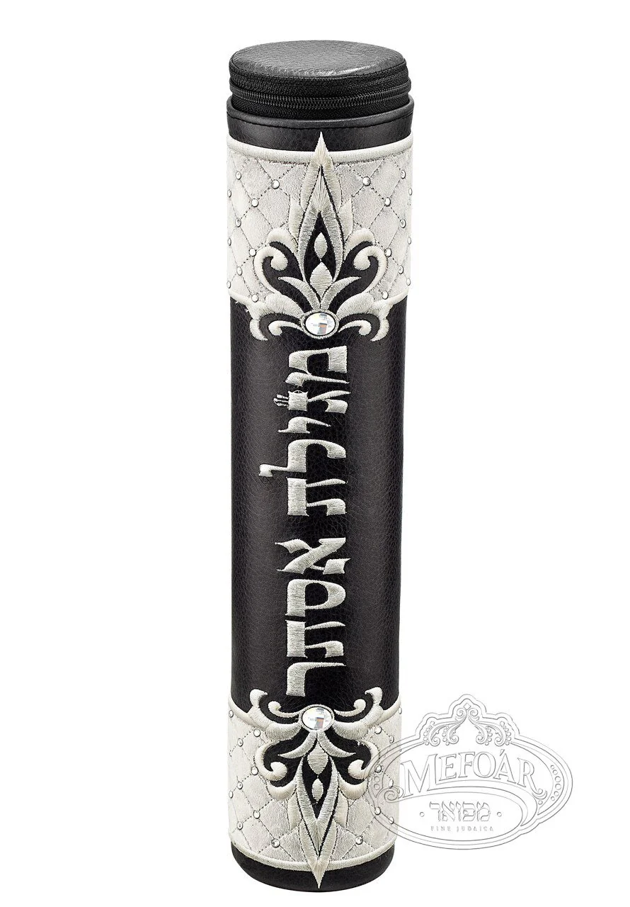 Black Megillah Holder, White Quilted Velvet and Silver Embroidery