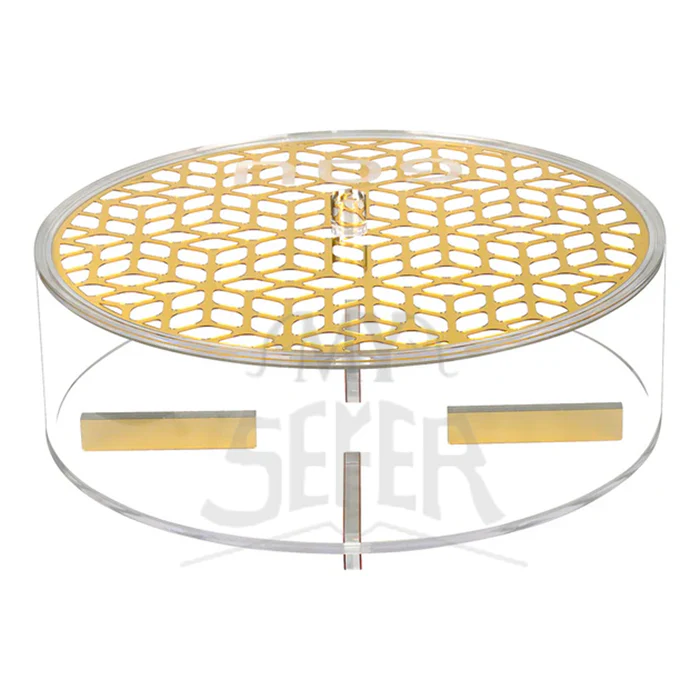 Lucite & Laser Cut Round Matzah Box-Gold