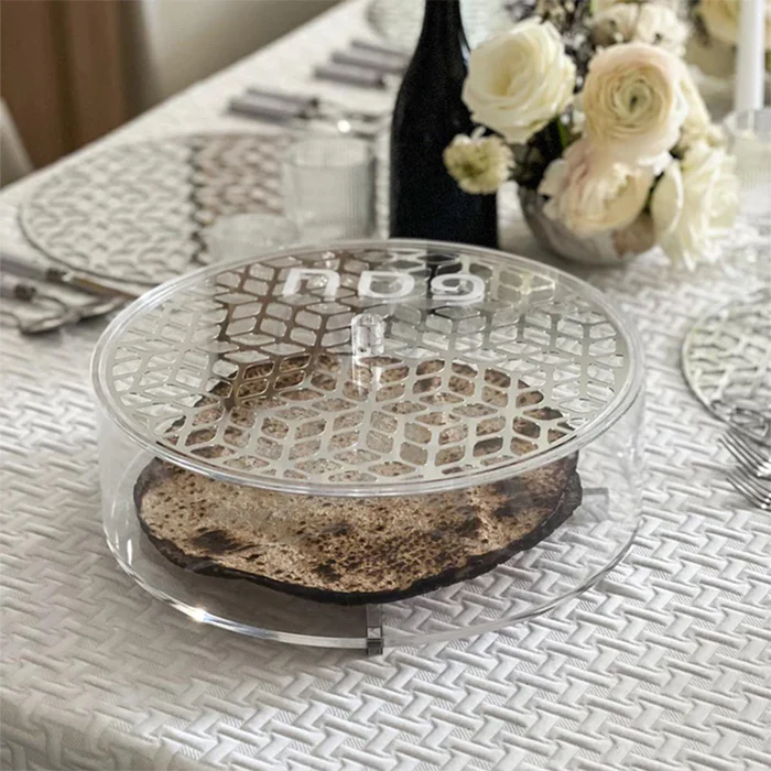 Lucite & Laser Cut Round Matzah Box-Silver - Image 2