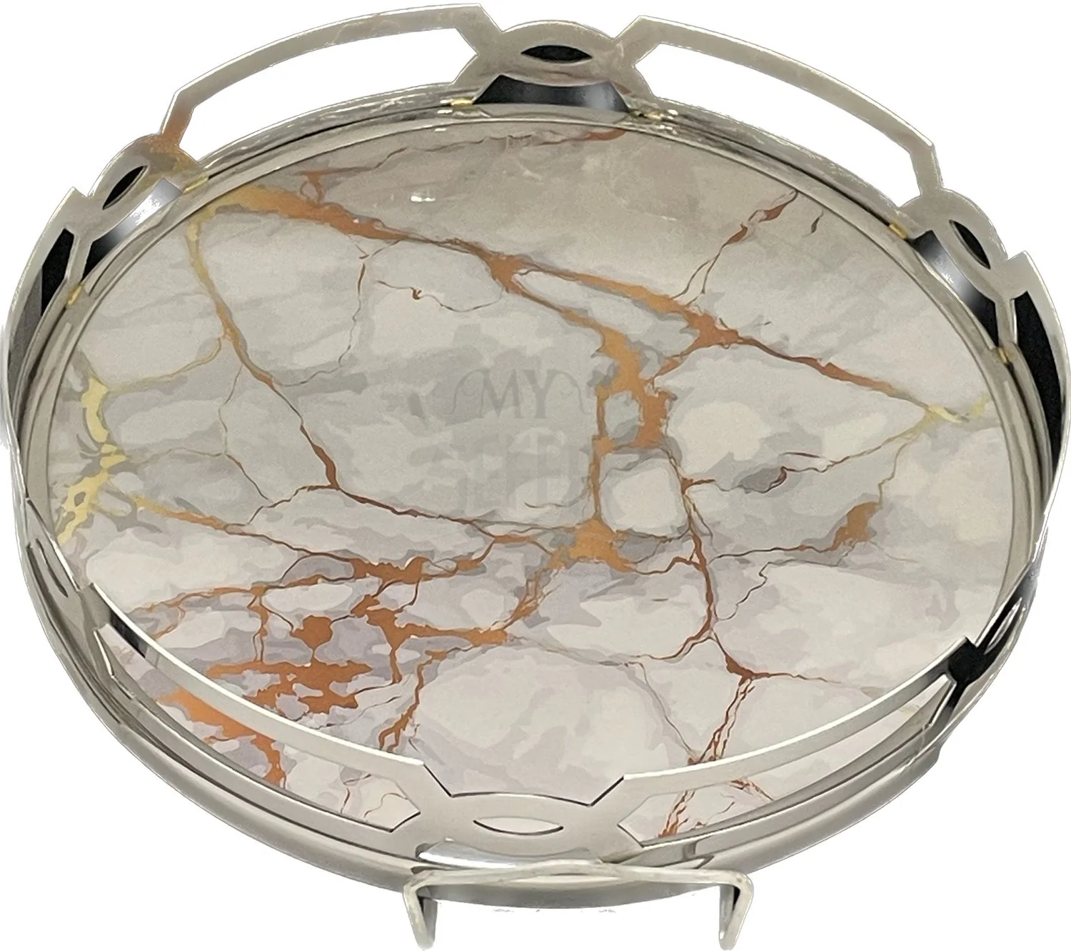 White/Gold Marble Matzah Tray-Stainless Steel Round